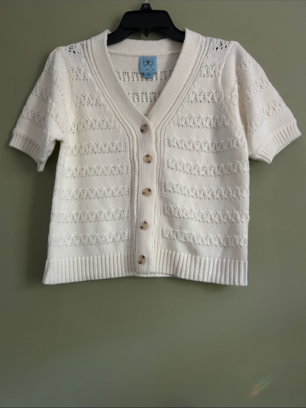 CeCe Antique White Short Sleeve Knit Button Cardigan Size S